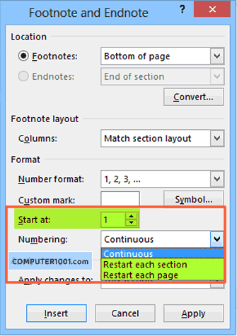Mengatur Penomoran Footnote dan Endnote Dimulai dengan Angka 1 Pada Setiap Halaman